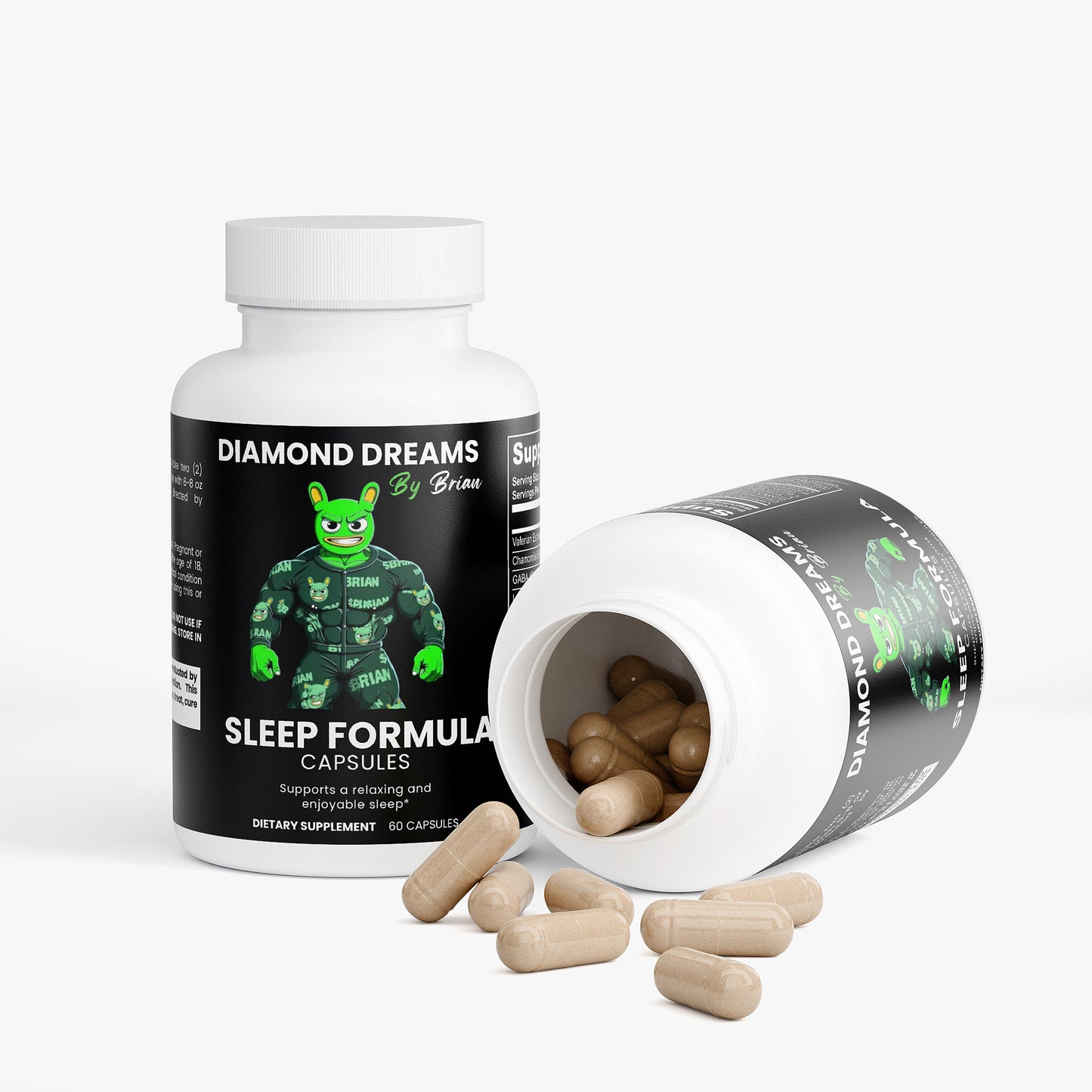 Diamond Dreams sleep formula supplement bottle with open lid showing capsules on a white background
