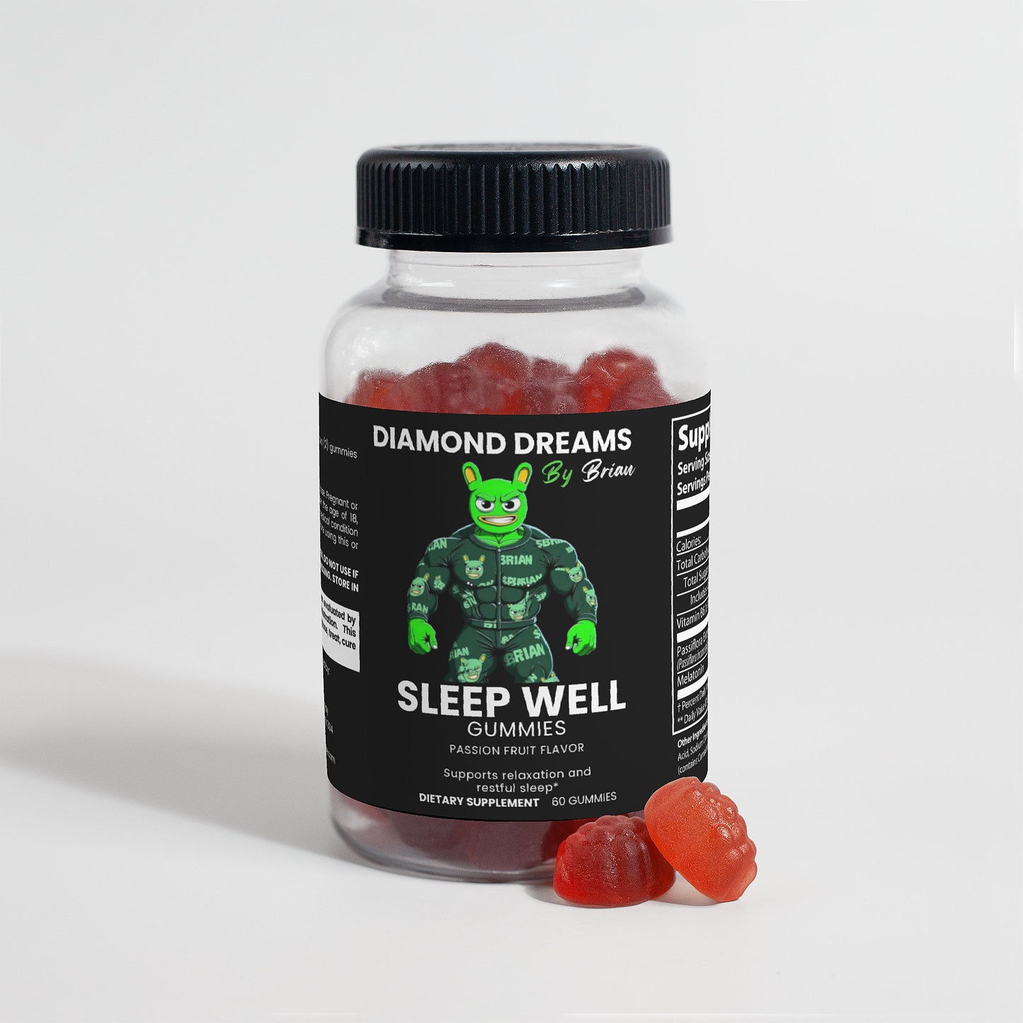 Bottle of Diamond Dreams by Brian Sleep Well Gummies with gummy bears on a white background