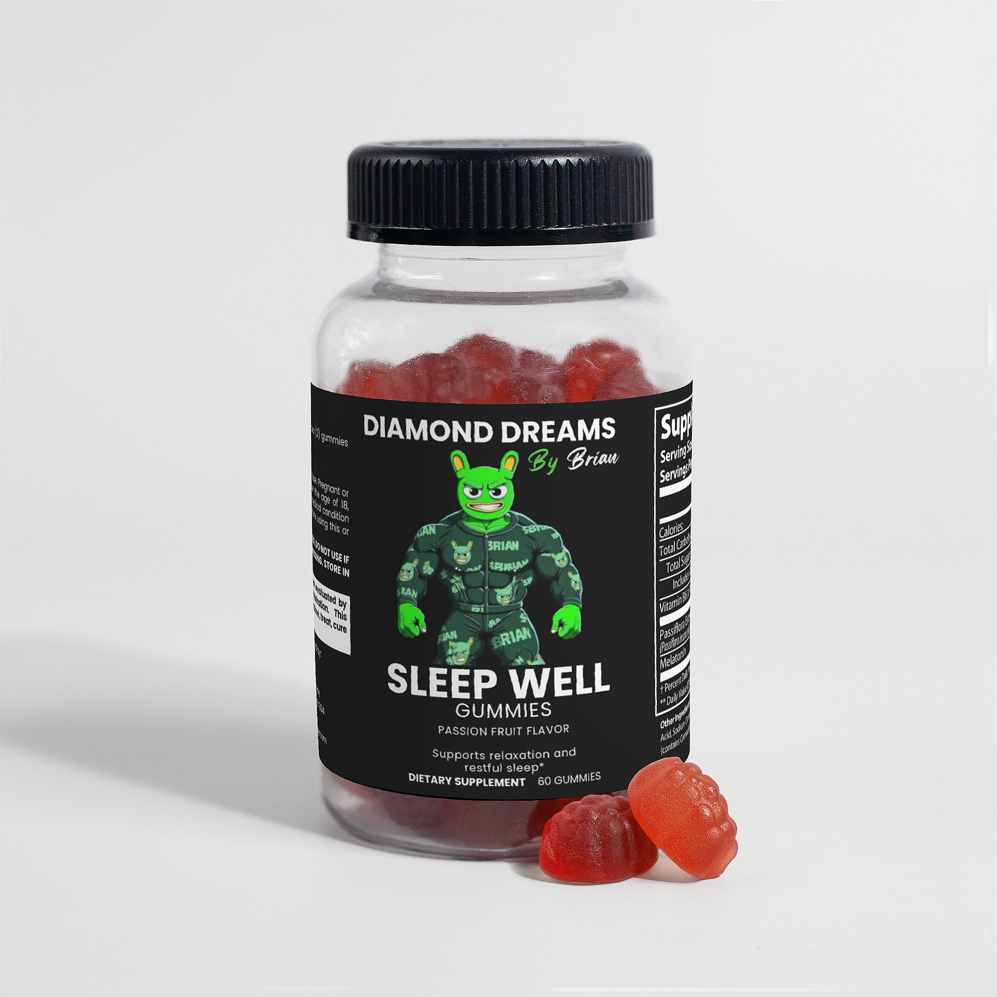 Bottle of Diamond Dreams by Brian Sleep Well Gummies with gummy bears on a white background