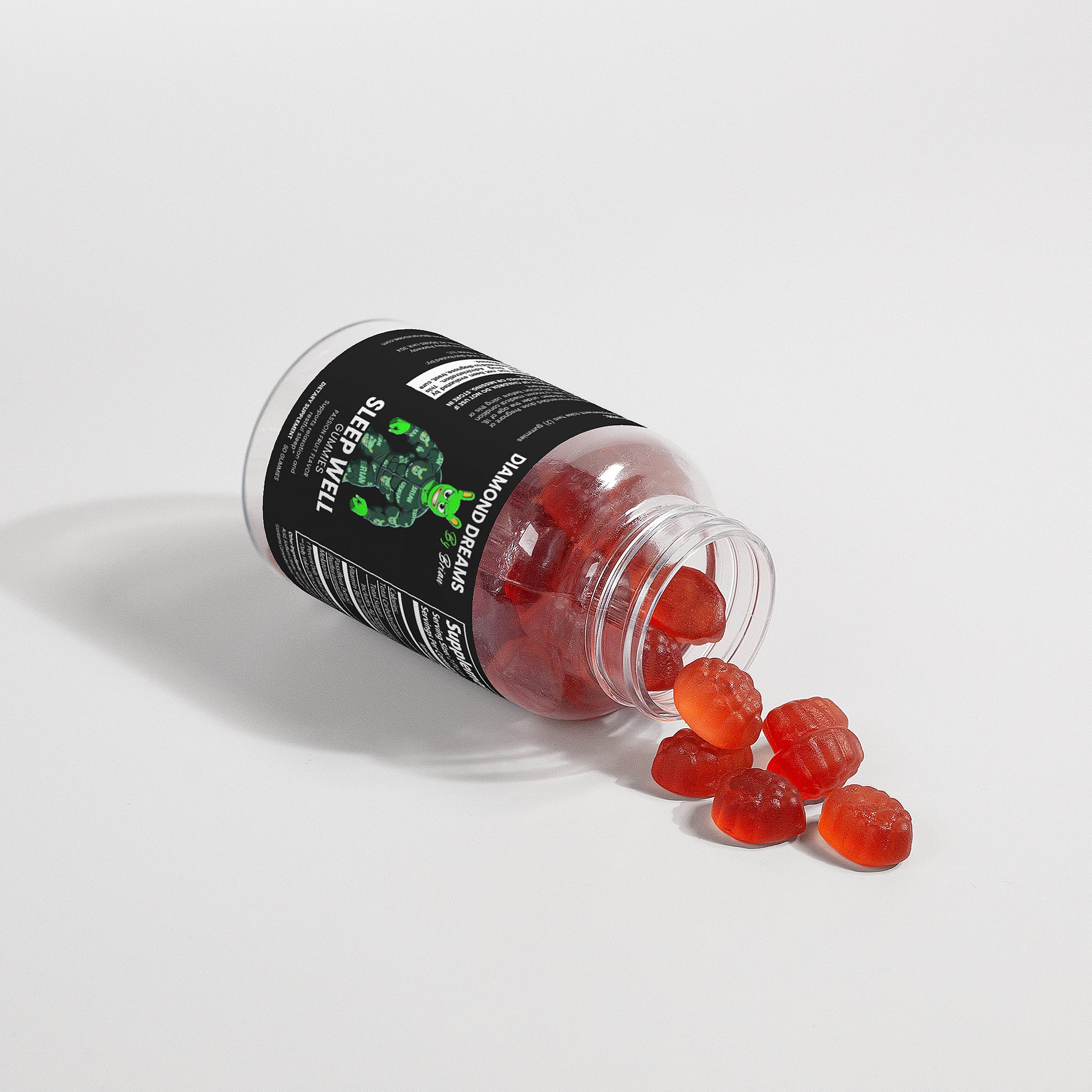 Jar of gummy supplements with a label on a white background